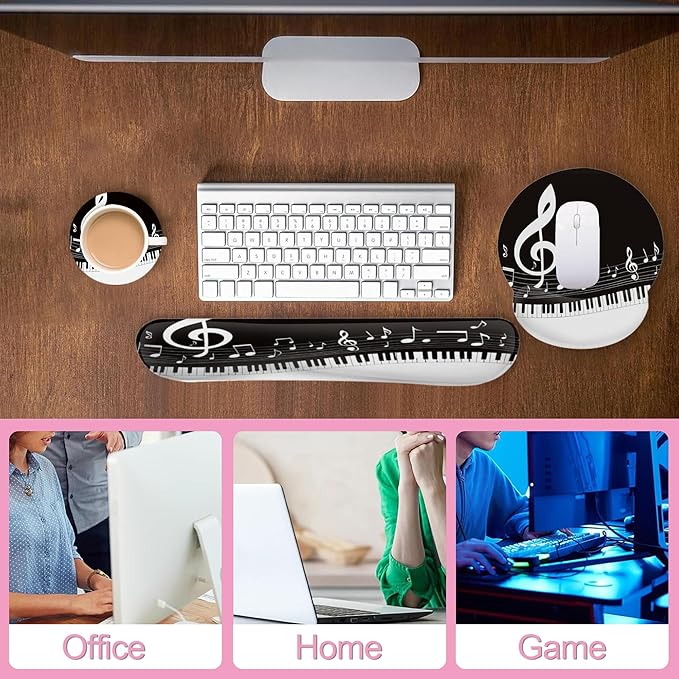 Black and White Piano Notes Mouse Pad with Wrist Rest Set, 3-in-1 Wrist Support Mousepad Set, Gaming Mat Pad with Anti-Skid Base,Ergonomic Memory Foam Mouse Pad Set for Women, Office, Typing, Gaming