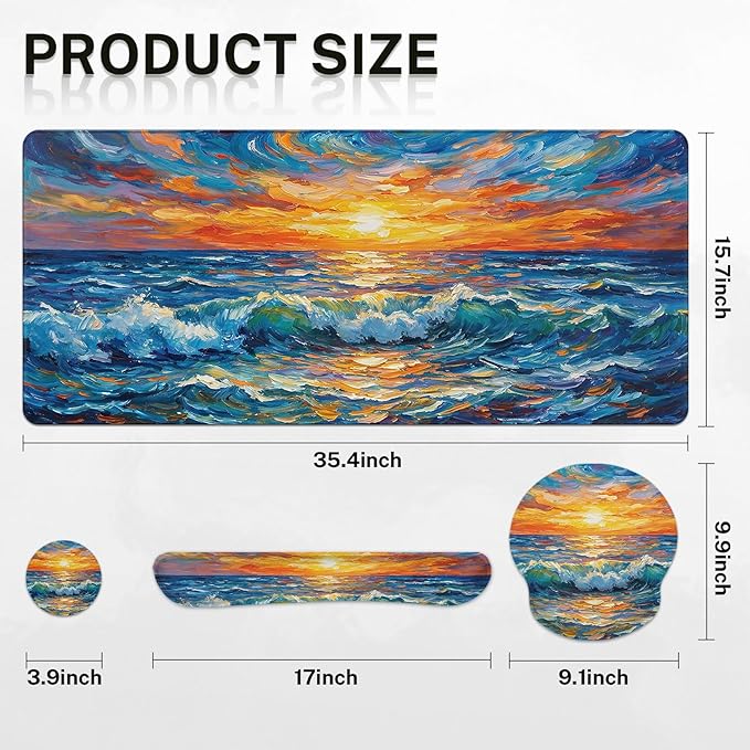 Arttown Abstract Ocean Sun Desk Mat Blue Mouse Pad Set 4 in 1 Ergonomic Design Large Mouse Pad + Keyboard Wrist Rest + Mouse Wrist Rest + Coaster Suitable for Home Office Study Game