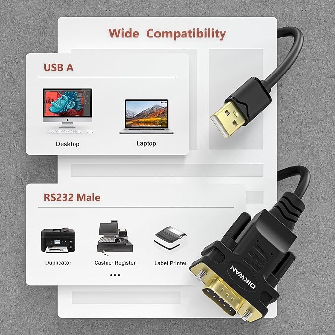 USB to RS232, USB Serial Adapter with FTDI Chipset,USB 2.0 to Male DB9 Serial Cable for Windows 11,10, 8, 7, Vista, XP, 2000, Linux and Mac OS(6ft)…