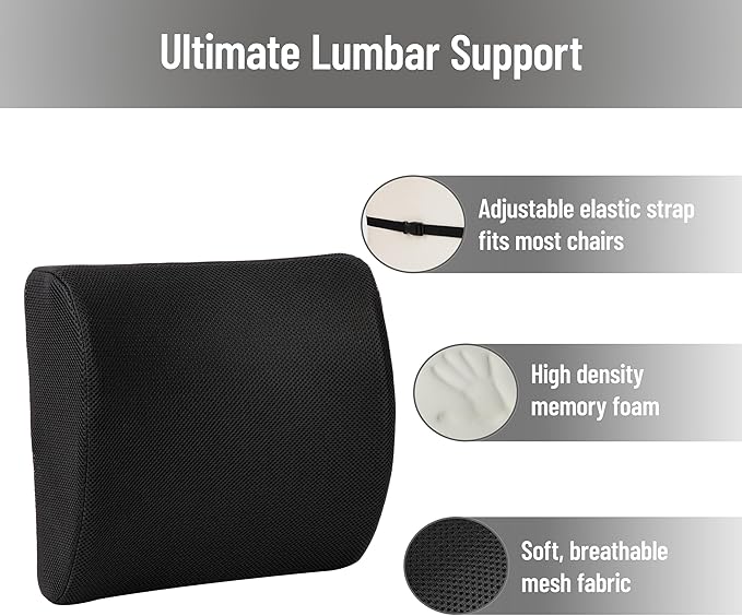 Mind Reader Lumbar Support Pillow with Air-Cloud Technology, Office Chair Back Cushion, Memory Foam, Black