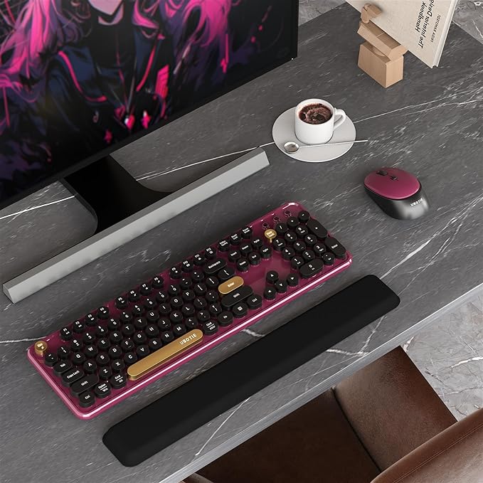 Colorful Wireless Computer Keyboards Mouse Combos, UBOTIE Polychrome Round Keycaps Retro PC Keyboards 2.4GHz Radio Frequency Connection with Optical Mouse(Black Claret)