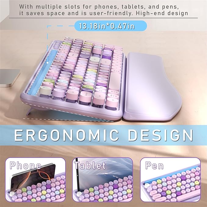 Colorful Wireless Computer Keyboard and Mouse Combo with Phone Holder, Wrist Rest, Typewriter Keys, 2.4GHz Wireless, Full-Sized Optical Mouse for PC and Laptop (Purple)