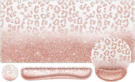 iLeadon Mouse Pad Set, Desk Mat + Mouse Pad with Wrist Rest + Keyboard Wrist Rest + Coaster, 4in1 Glitter Leopard Mouse and Keyboard Pad Set for Home Office, Pink Rose Gold Leopard