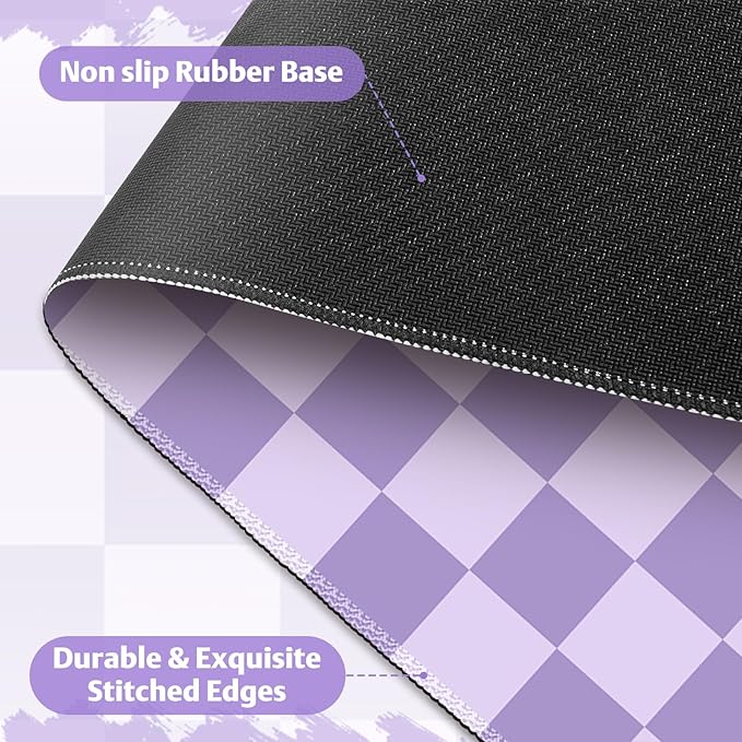 Desk Mat for Keyboard and Mouse, Large Non-Slip Mouse Pad Keyboard Pad, Computer Mats for Desktop, Cute Desk Pad with Stitched Edges for Office, Gaming I Pastel Purple Checkered
