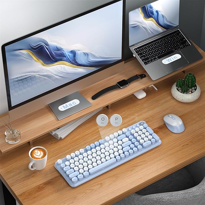 Wireless Keyboard and Mouse Combo, Full-Size Retro Typewriter Keyboard Style, 2.4GHz USB Receiver, Plug-and-Play, Keyboard Mouse Set for Computer, Laptop, Windows, Mac, and PC (Blue)