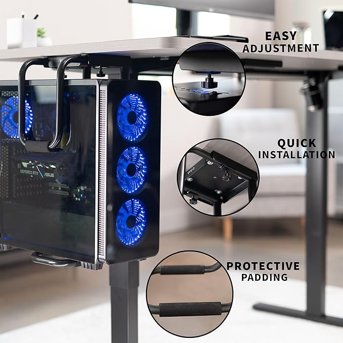VIVO Heavy Duty Adjustable Under-Desk PC Mount, Home and Office Computer CPU Holder with Secure Locking, Supports up to 66 lbs, Black, MOUNT-PC04B
