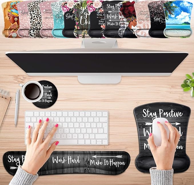 Keyboard Wrist Rest Pad and Ergonomic Mouse Pad Wrist Support Set Stay Positive Work Hard and Make It Happen for Gaming,Office, Comfortable and Pain Relief with Coaster Set