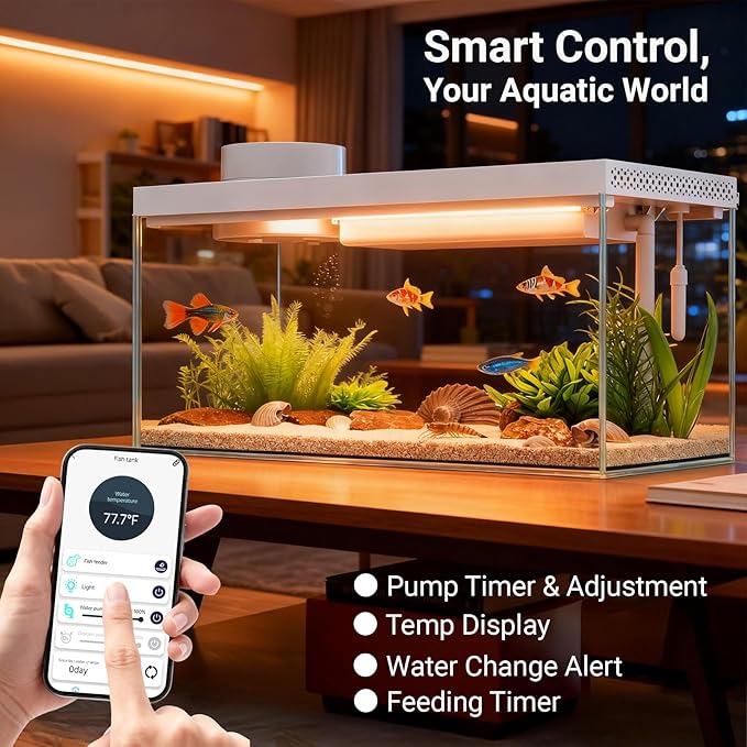 1.3 Gal Glass Desktop Fish Tank Kit with Bluetooth App Control - Automatic Feeder, RGB Lighting, Temperature Monitor & Self-Cleaning Filtration - Small Aquarium for Betta, Guppy, Shrimp