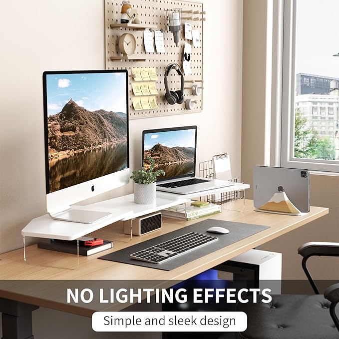 LED Dual Monitor Stand Riser for 2 Monitors,Office Desktop Wooden Stand Adjustable Length and Angle 3 Shelf,Extra Long Multifunctional Stand up to 44.4" for Computer,Laptop,TV,White
