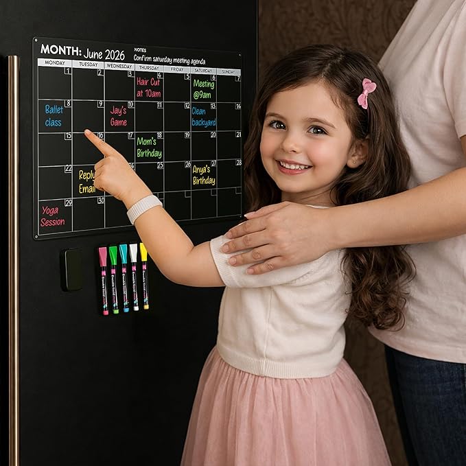 Fridge Calendar Acrylic 17x12”, Start Monday | Magnetic Calendar for Refrigerator | Acrylic Dry Erase Whiteboard Calendar for Fridge | Family Schedule Board with 5 Markers & Eraser by Freedom Mastery