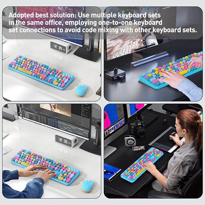 Cute Retro Wireless Keyboard and Mouse Combo, Colorful Typewriter Keyboard with Round Keycaps, 2.4GHz Multi-Color Hybrid Bubble Keyboard for Women, Funky Blue Computer Keyboard for PC Laptop Office