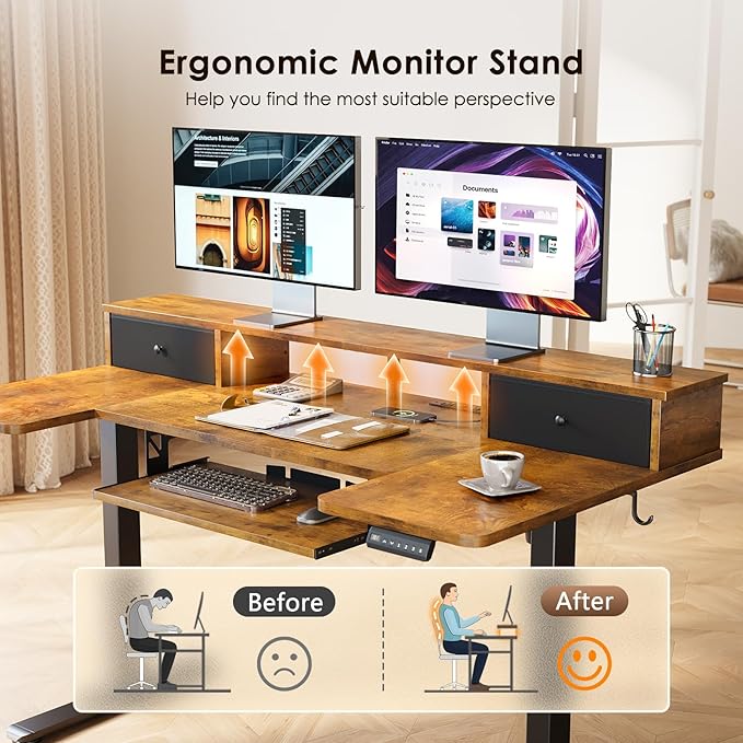 OffiGo U Shaped Electric Standing Desk with Drawers, 55 Inch Height Adjustable Desk with Keyboard Tray ＆ Ergonomic Monitor Stand, Sit Stand Table with Power Outlets for Home, Office, Rustic Brown