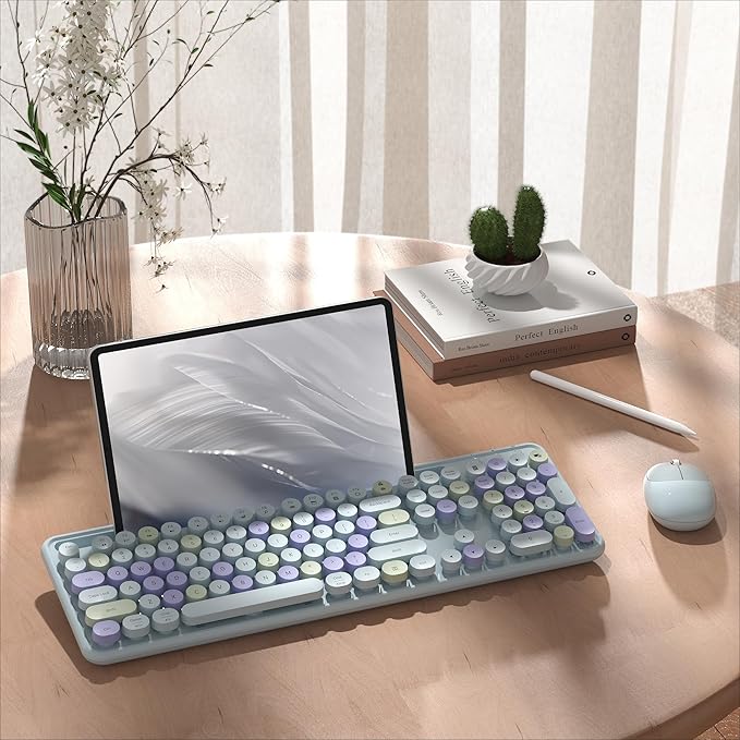 Colorful Wireless Computer Keyboard and Mouse Combo with Phone Holder, Wrist Rest, Typewriter Keys, 2.4GHz Wireless, Full-Sized Optical Mouse for PC and Laptop (Light Blue)