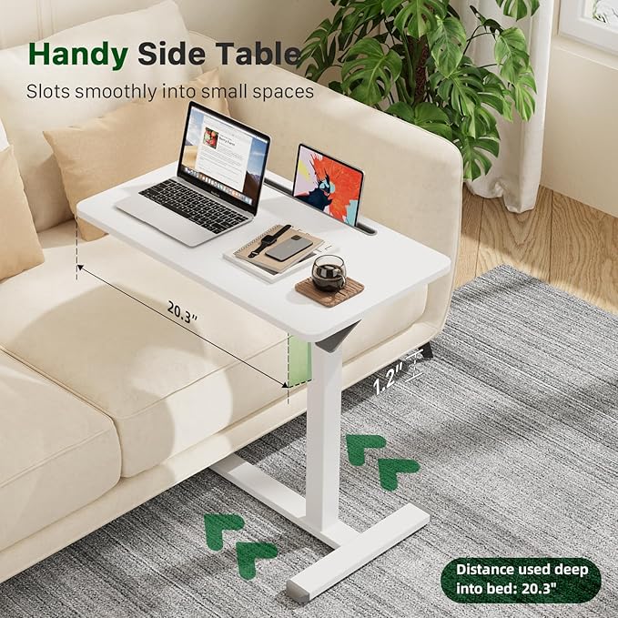 Mobile Standing Desk, Pneumatic Adjustable Rolling Desk(27.5 Inches), Portable Laptop Desk with Wheels, Overbed Bedside Table Laptop Table for Couch, Home, Office, White