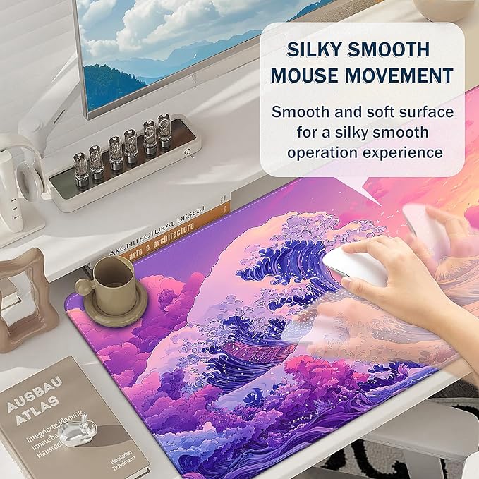 Mouse Pad Gaming - Desk Mat for Keyboard and Mouse - Japanese Sea Wave Large Mouse Pads for Desk, Desks Pad(35.4" X 15.7") with Non-Slip Base, Kanagawa Gaming Mousepad for Game, Office and Home