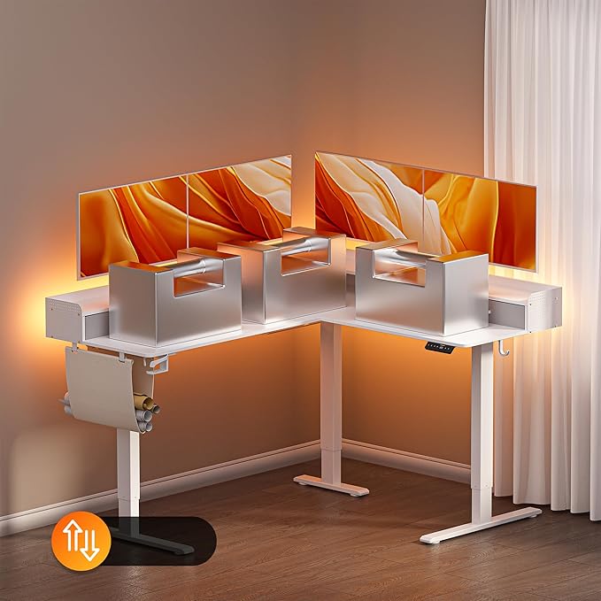63 Inches Height Adjustable L Shaped Standing Desk with 3 Drawers and Monitor Shelf, Electric Sit to Stand Home Office Comupter Table, Ergonomic Corner Gaming Desk, White