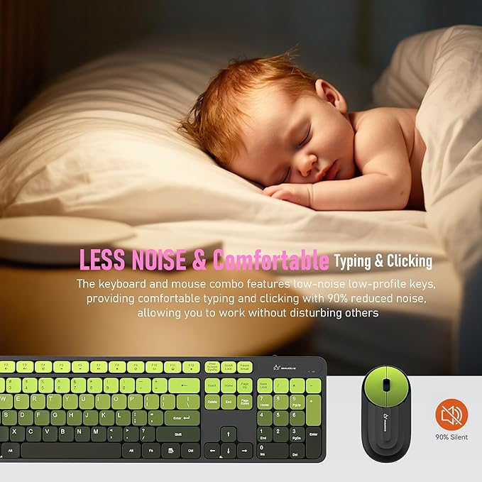 Wireless Keyboard and Mouse Combo - 2.4G Wireless, Rechargeable, Low-Noise, Cute Colorful, Full-Sized, 3 DPI Adjustable Mouse, for Computer, Laptop, PC, Desktop(Black Green)
