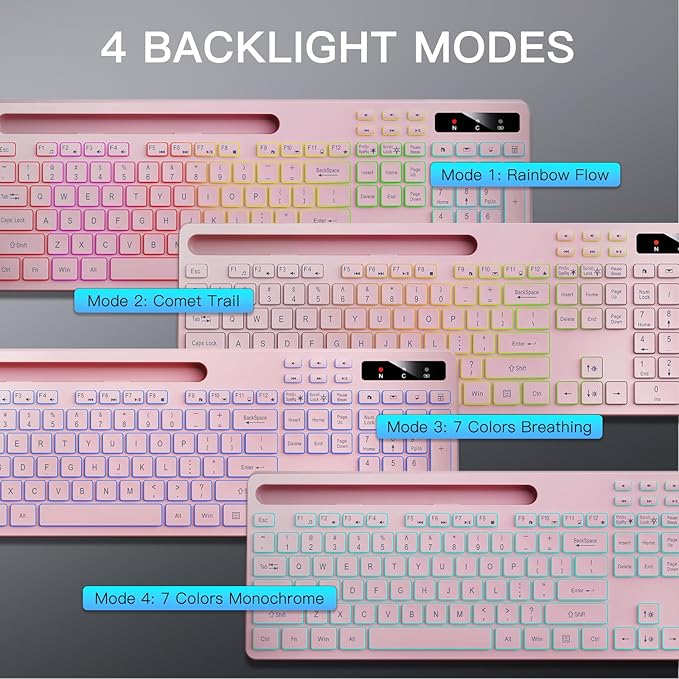 Wireless Keyboard with 7-Color RGB Backlit, Full-Size Computer Keyboard with Phone Tablet Holder, 2.4G Rechargeable Gaming Keyboard with Light Up Keys, Compatible with Mac, Windows (Pink)
