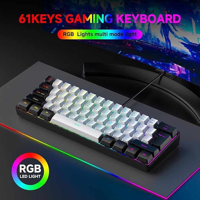 61-Key Compact RGB Gaming Keyboard – 60% Layout, Ergonomic Membrane Keys, 8-Color Backlight, Plug & Play for PC/Laptop (Windows 10/8/7)