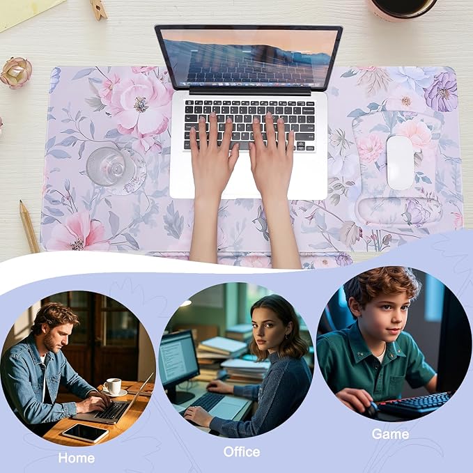 MEGREZ 4-in-1 Ergonomic Memory Foam Wrist Rest Set, Desk Pad, Mouse Pad with Wrist Rest, Keyboard Pad, Suitable for Office Workers, Programmers & Gamers–Relieve Typing & Gaming Fatigue, Color Flower