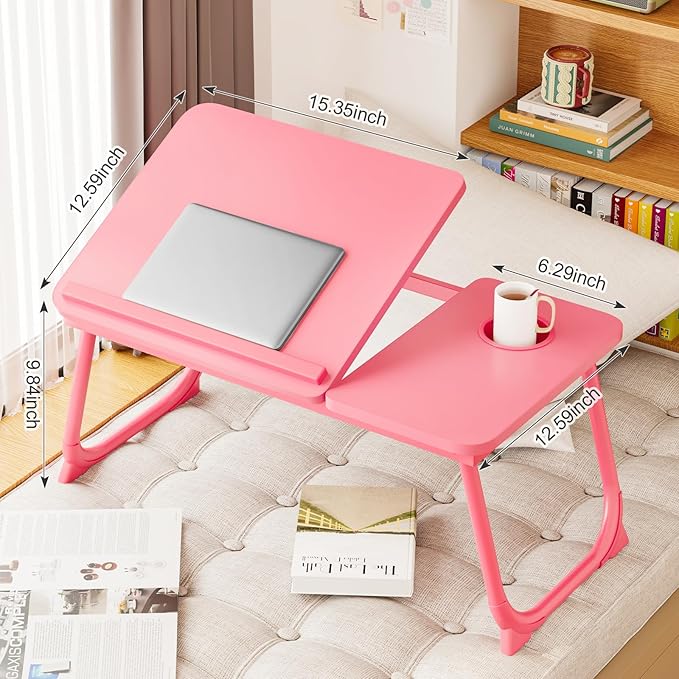 Laptop Desk for Bed, Adjustable Laptops Stand with 5 Adjustable Angles, Portable Lap Tray Table with Cup Holder, Laptop Bed Desk Tray for Eating Working Writing Reading (Pink)