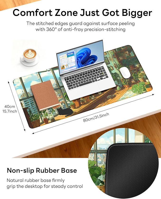 XL Gaming Mouse Pad, 31.5x15.7'' Large Desk Mat with Anti-Slip Rubber Base & Stitched Edges for Gaming, Office, Home, Greeny Cottage