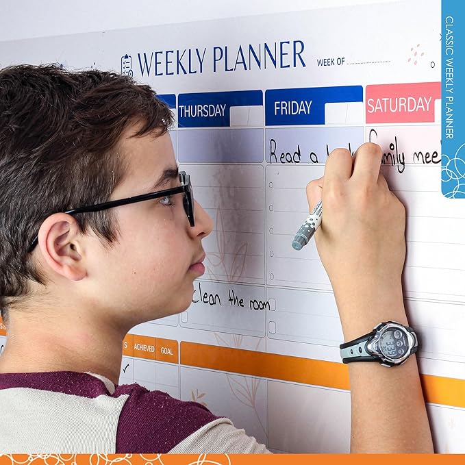 Dry Erase Calendar – 39.4x16” Weekly Dry Erase Board for Wall, Clear Weekly Planner Whiteboard, Adhesive-Free Calendar Whiteboard Sticks to Any Smooth Surface, Weekly Schedule Whiteboard