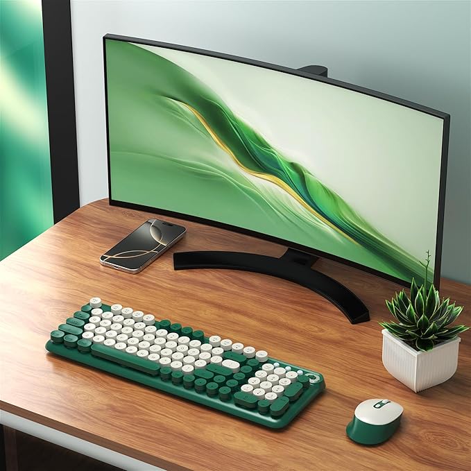 Wireless Keyboard and Mouse Combo, Full-Size Retro Typewriter Keyboard Style, 2.4GHz USB Receiver, Plug-and-Play, Keyboard Mouse Set for Computer, Laptop, Windows, Mac, and PC (Green)