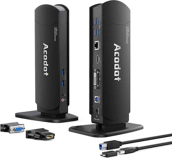 USB 3.0 Universal Docking Station, Acodot 13 in 1 Laptop Docking Station Dual Monitor for Windows and Mac, USB C Docking Station with HDMI, VGA, DVI, 6X USB 3.0, Gigabit Ethernet, Audio