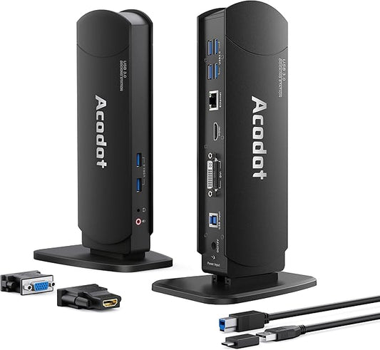 USB 3.0 Universal Docking Station, Acodot 13 in 1 Laptop Docking Station Dual Monitor for Windows and Mac, USB C Docking Station with HDMI, VGA, DVI, 6X USB 3.0, Gigabit Ethernet, Audio