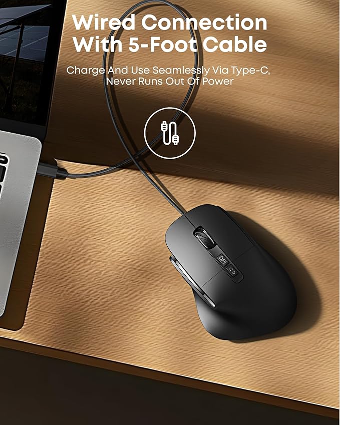 Ergonomic Rechargeable Mouse with Jiggler, Bluetooth+2.4G Wireless+Wired(3 in 1) Connection, Max 4800DPI, Rapid Fire Key, 5ft Charging Cable, Carpal Tunnel Silent Mice with LED for Office,Gaming