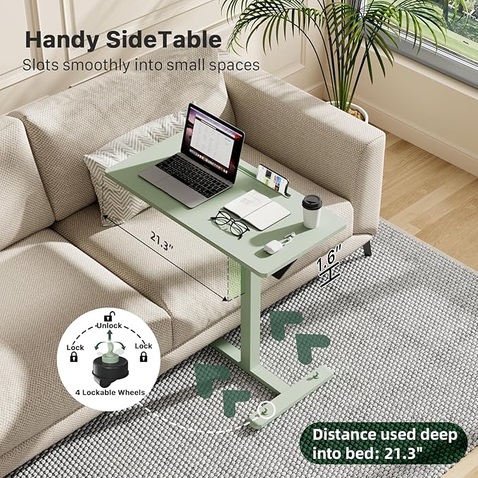 Mobile Standing Desk, Pneumatic Adjustable Rolling Desk(31.5 Inches), Portable Laptop Desk with 4 Lockable Wheels, Overbed Bedside Table Laptop Table for Couch, Home, Office, Green