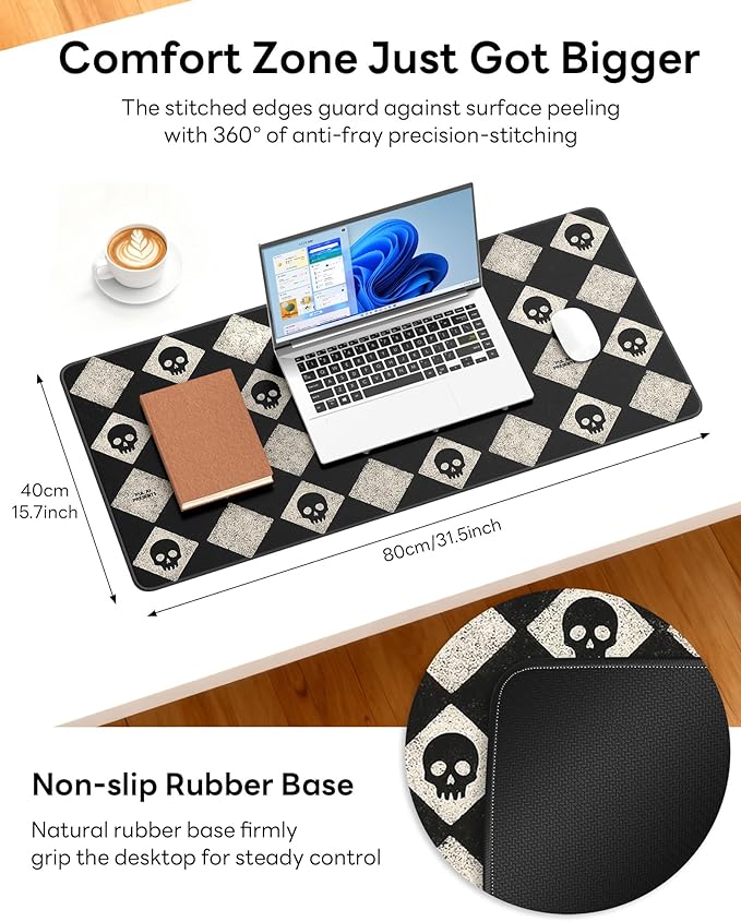 XL Gaming Mouse Pad, 31.5x15.7'' Large Desk Mat with Anti-Slip Rubber Base & Stitched Edges for Gaming, Office, Home, Cute Skulls