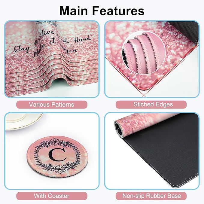 Pink Large Gaming Mouse Pad with Coaster, Desk Mat, Mouse Pad for Computer Keyboard Laptop Office Decor, Stitched Edges Extended Mousepad, 31.5'' x15.6''-Letter C