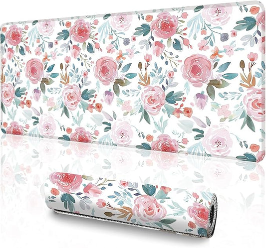 Pink Floral Mouse Pad (31.5 x 11.8 Inch), Large Watercolor Rose Desk Mat, Cute Botanical Pattern with Teal Leaves, Non-Slip Laptop Base, Spring Office Decor