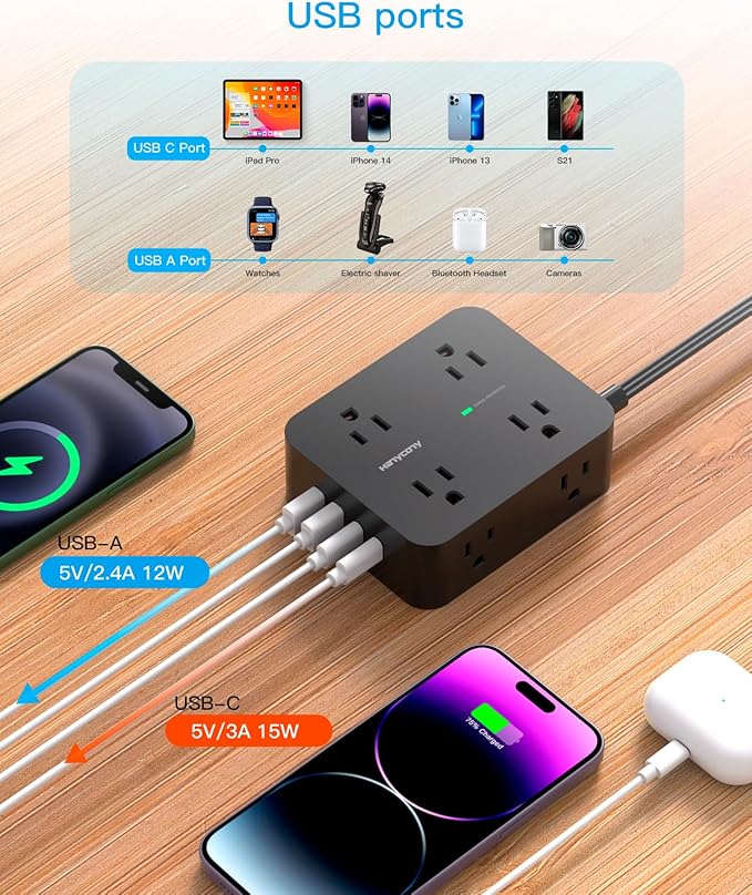 Surge Protector Power Strip 10 Ft Cord, HANYCONY Extension Cord with 2 USB C Ports, Multiple Outlet Extender with Flat Plug, Wall Mount for Home Office College Dorm Room Essentials Black