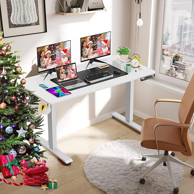 farexon Electric Standing Desk Adjustable Height, 48x24 Inches Stand Up Desk with 4 Preset Heights, Lockable Casters, Double Hooks,27''-46'' Lifting Range Home Office Computer Desk（White）