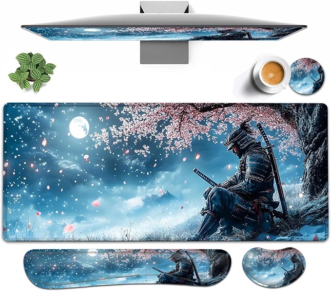 Large Mouse pad and Keyboard Support Set, Ergonomic Memory Foam Keyboard Wrist Rest, Extended Gaming Mouse Pad with Stitched Edges, Samurai and Moon XXL Desk Mat (31.5 X 11.8 in)