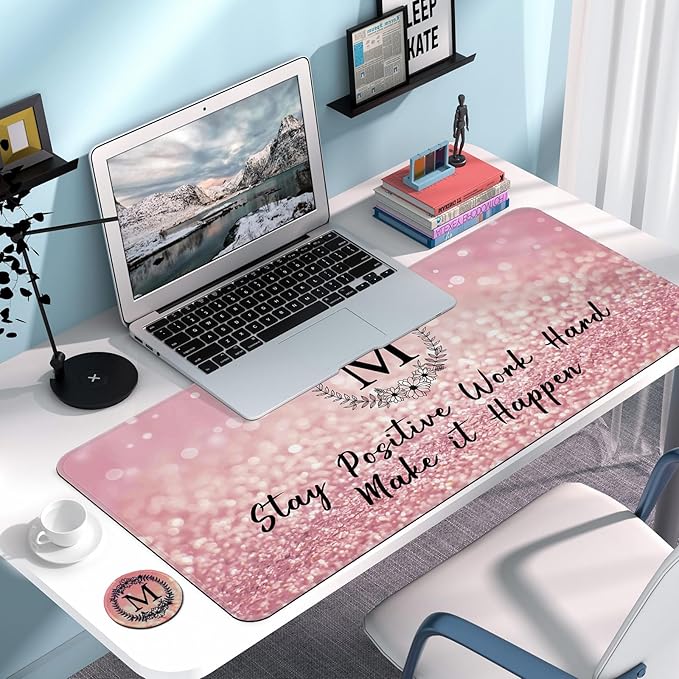 Pink Large Gaming Mouse Pad with Coaster, Desk Mat, Mouse Pad for Computer Keyboard Laptop Office Decor, Stitched Edges Extended Mousepad, 31.5'' x15.6''-Letter M