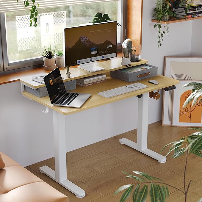 Seang Electric Standing Desk with 2 Drawers, Adjustable Standing Desk with Storage Shelf, Height Adjustable Stand up Desk for Home Office with 3 Presets & 2 Hooks,55 Inch, Natural
