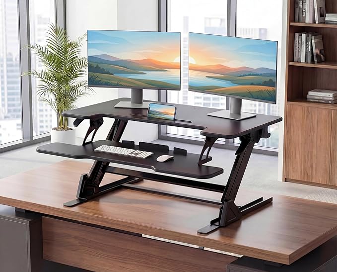 HUANUO 32" Z Shaped Stable Standing Desk Converter, Height Adjustable Sit Stand Up Desk Riser, Dual Monitor and Laptop Workstation with Wide Keyboard Tray, Desk Lifter for Home Office