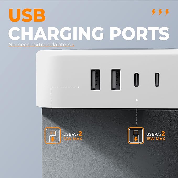 TESSAN Surge Protector Power Strip, 15FT Flat Extension Cord with Multiple Outlets, 12 Outlet Extender with 4 USB (2 USB-C), Flat Plug Power Strip, 1800J Surge Protection, Office, Dorm Essentials