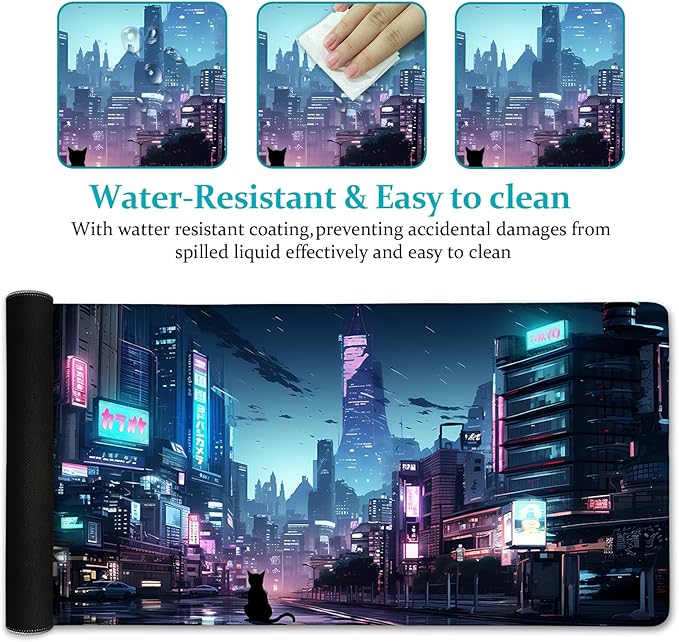 Cyberpunk Mouse Pad, Japanese Anime Cat Desk Mat, Neon Tokyo Extended Gaming Mouse Pads for Desktop Computer Laptop Office Work Game Home, 31.5x11.8 in