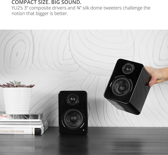 Kanto YU2GB PC Gaming Desktop Speakers | 3" Composite Drivers | 3/4" Silk Dome Tweeter | Class D Amplifier | 100 Watts | Built-in USB DAC | Subwoofer Output | Pair | Gloss Black
