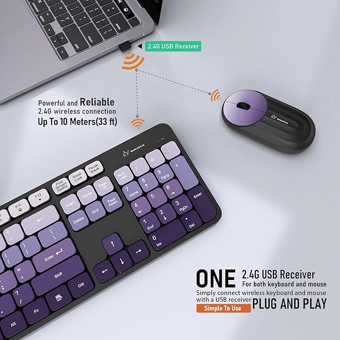 Wireless Keyboard and Mouse Combo - 2.4G Wireless, Rechargeable, Low-Noise, Cute Colorful, Full-Sized, 3 DPI Adjustable Mouse, for Computer, Laptop, PC, Desktop(Black-Purple)