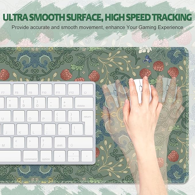 Desk Mat for Keyboard and Mouse, Large Mouse Pad Non-Slip Keyboard Pad, Computer Mats for Desktop, Cute Desk Pad with Stitched Edges for Office, Gaming I Sage Green Botanical