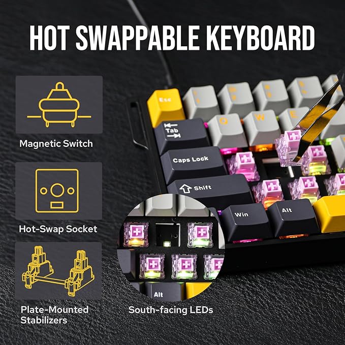 EPOMAKER Aula WIN60 HE 60% Wired Magnetic Keyboard with Adjustable Actuation, 8000 Hz Polling Rate, Hall Effect Switches, Hot-Swap, for FPS Games (Grey&Yellow)
