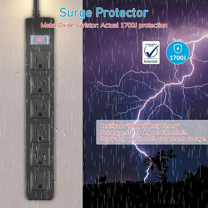 Outdoor Power Strip Waterproof with 6 Outlets, Garden Weatherproof Surge Protector, Christmas Multiple Outlet Exterior Socket for Lighting Appliances. 15FT Extension Cord Strip with Flat Plug. Black