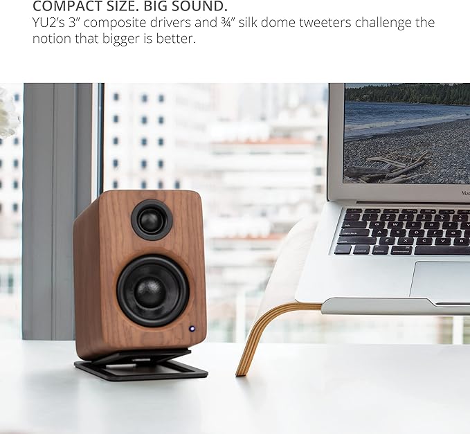 Kanto YU2 Powered Desktop Computer Speakers | 3" Drivers 3/4" Silk Dome Tweeter | 50 W RMS | Built-in USB DAC & AUX Input | Sub Out | Pair | Walnut