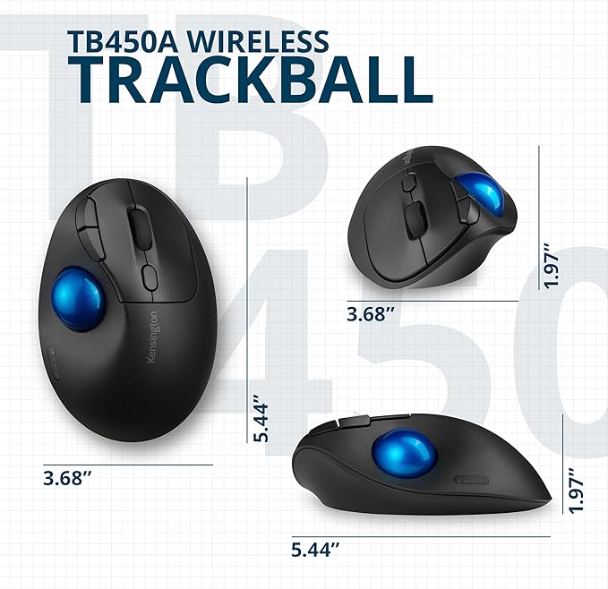 Kensington TB450 Wireless Trackball Mouse, Bluetooth LE & 2.4GHz Connection, 4 DPI Options, Connect up to 3 Devices (K72194WW), Black-Blue
